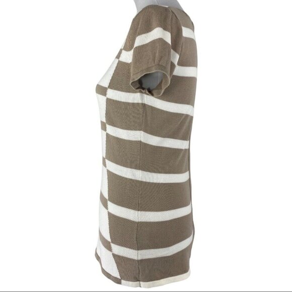 Cyrus Women's Off-White and Tan Striped V-Neck Short Sleeve Knit Sweater S/C34 - Picture 5 of 9